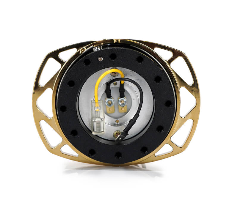 Rear view of NRG Quick Release Kit SRK-257BK-CG showcasing chrome gold cutout ring and detailed mechanism.