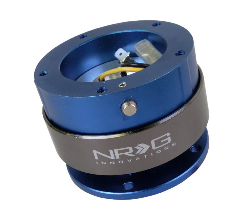 NRG Quick Release Kit SRK-300BL with blue body, titanium chrome ring, and NRG Innovations logo, featuring 5 hole base and top