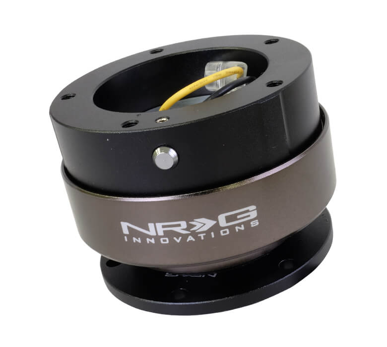 NRG Quick Release Kit SRK-330BK with black body, black ring, and NRG Innovations logo, featuring 6 hole base and 5 hole top.