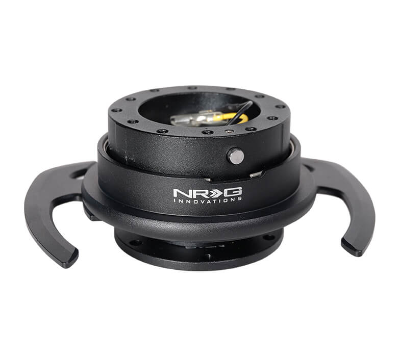 Front view of NRG Gen 4.0 Quick Release Kit SRK-700BK with Black Body, Black Ring, and Handles for Japanese mini trucks