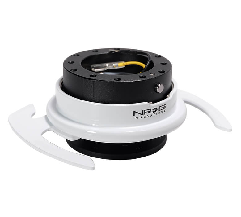 Front view of NRG Gen 4.0 Quick Release Kit SRK-700WH with Black Body, White Ring, and Handles for Japanese mini trucks