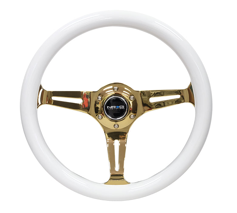 NRG 350mm White Wood Grain Wheel Gold Spokes