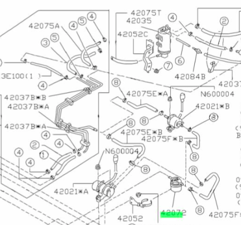 Schematic of Subaru Sambar fuel system, highlighting the fuel filter part for KS3, KS4 models, ensuring optimal performance for 1990-1998 vehicles.