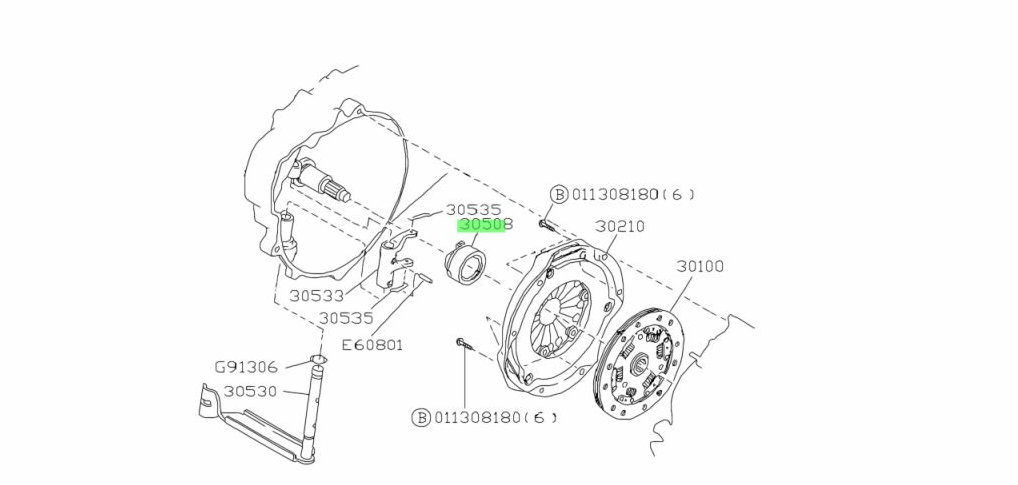 Exploded view diagram highlighting the Sleeve Release Clutch Bearing part number 30508 for Subaru Sambar models KS3, KS4 from 1990-1998, detailing its position in relation to the clutch assembly for easy identification and reference.