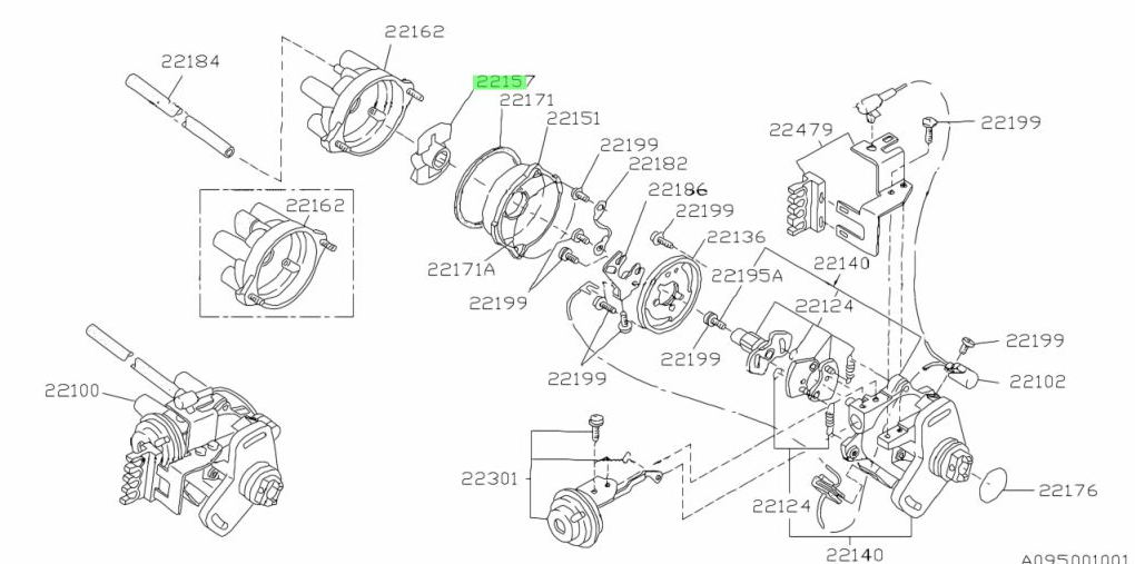 Exploded-view schematic diagram highlighting the distributor rotor part, referenced as item 22171, for Subaru Sambar KV3, KV4 mini Vans, model years 1990-1998