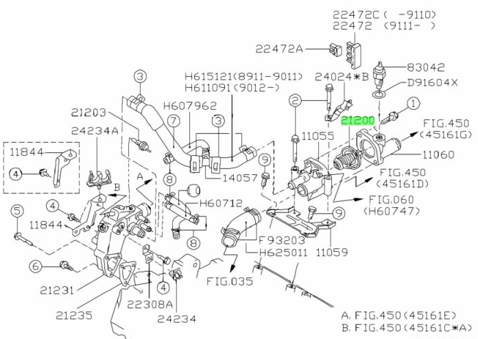 Detailed assembly diagram for Subaru Sambar indicating the thermostat placement with part number 21200 for KS3, KS4 models, years 1990-1998.