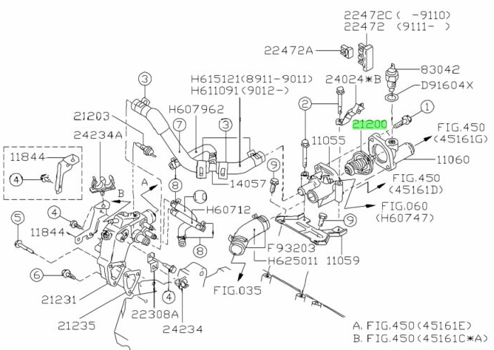Detailed assembly diagram for Subaru Sambar indicating the thermostat placement with part number 21200 for KV3, KV4 models, years 1990-1998.