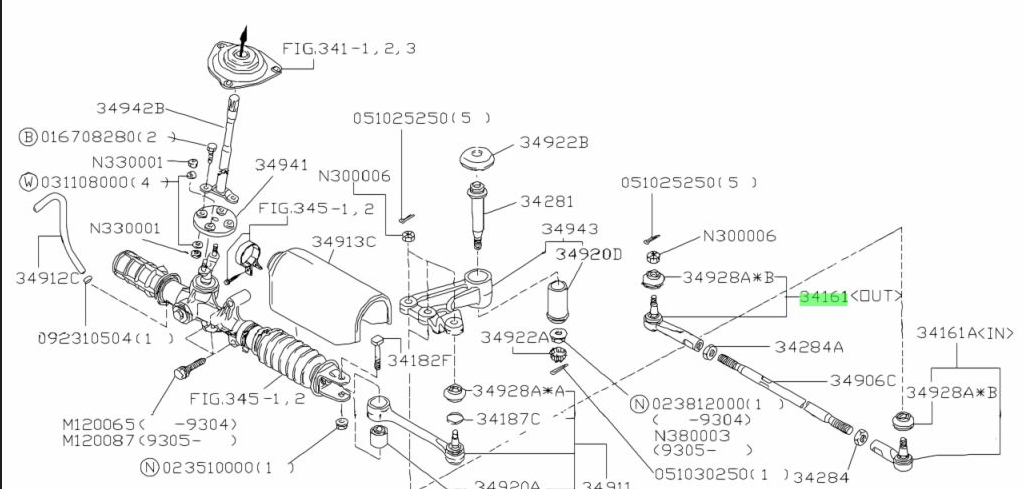 Subaru Sambar Steering Assembly Diagram - Part number 34161 highlighted, indicating the outer tie rod end's location in the steering mechanism for models KV3, KV4, 1990-1998