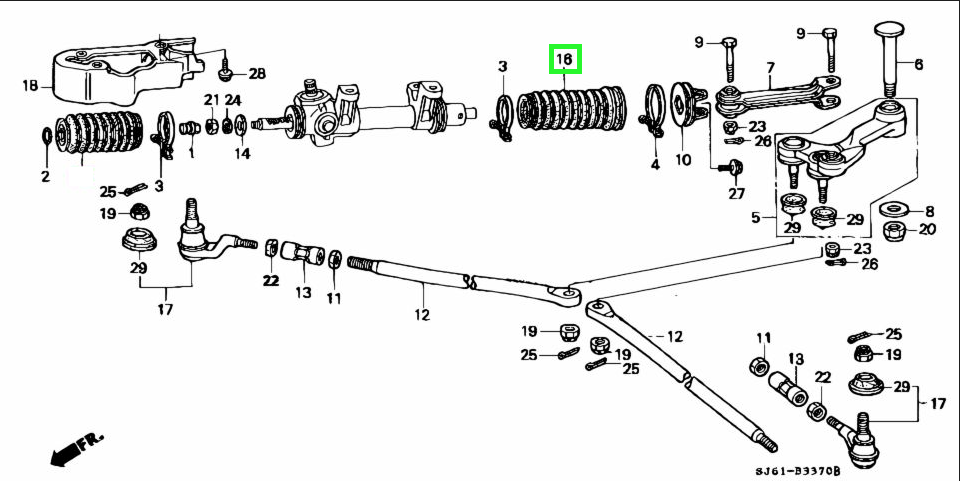 Parts diagram showing rear side steering boot and related components for Honda Acty Truck HA3, HA4 models (1990-1999)