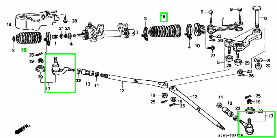Exploded-view diagram of Honda Acty HA3, HA4 steering and suspension system, highlighting the 18-piece upgrade kit components, including steering boots, strut rod bushings, and outer tie rod set for 1990-1999 models.