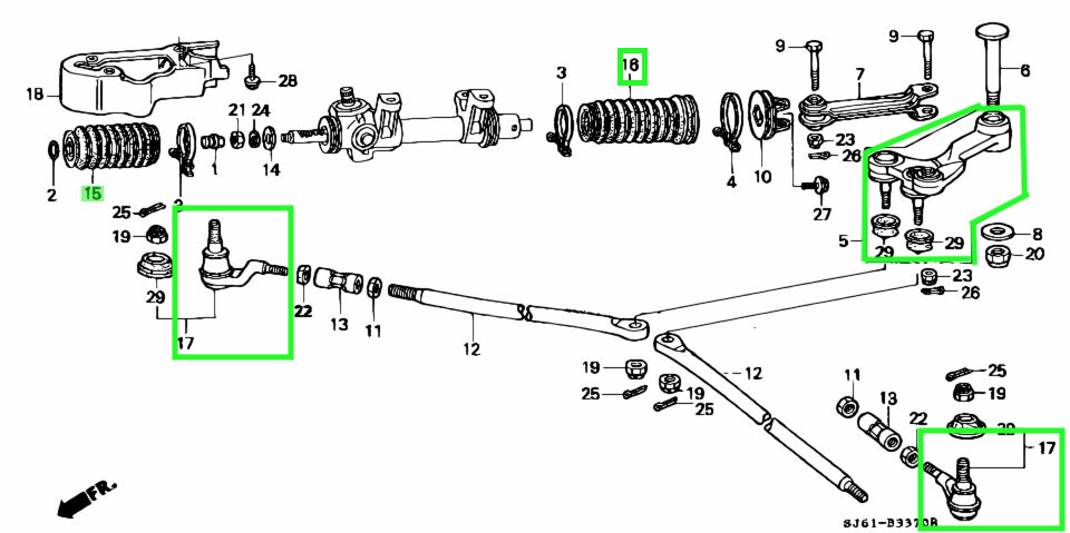 Diagram of Honda Acty HA3, HA4 steering and suspension parts, featuring the 19-piece upgrade kit with steering boot, strut rod bushing, outer tie rod set, and center steering link for models 1990-1999.