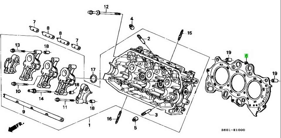 Head gasket placement diagram for Honda Acty Truck HA3, HA4 models (1990-1999) - detailed engine parts illustration showing the head gasket and related components