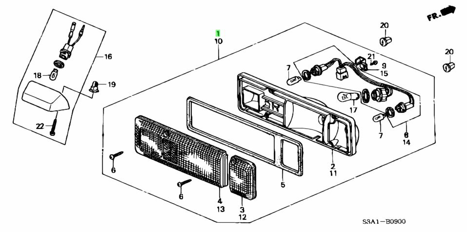 Full tail light assembly kit for the right side of Honda Acty Truck HA3, HA4 models (1990-1999) - detailed parts diagram including housing, lens, bulbs, wiring, and mounting hardware