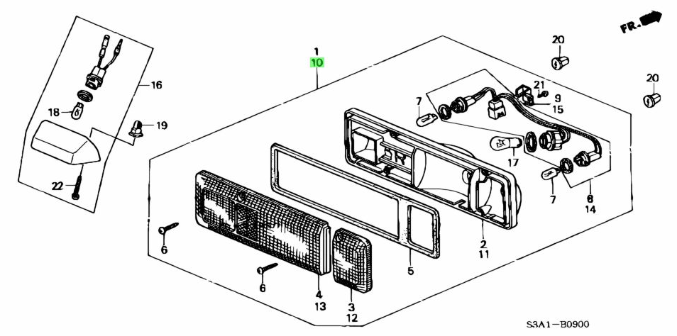 Detailed parts diagram of full tail light assembly kit for left side of Honda Acty Truck HA3, HA4 models (1990-1999) - housing, lens, bulbs, wiring, and mounting hardware