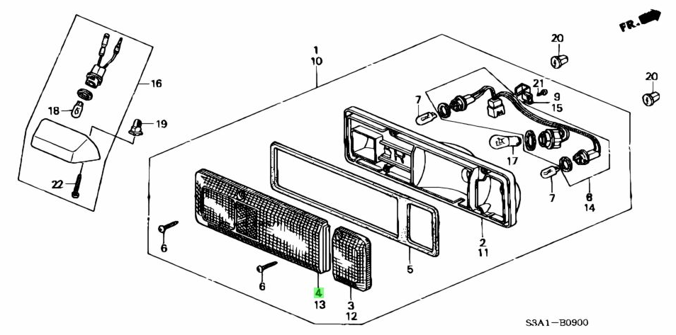 Parts diagram showing brake tail light lens and assembly for rear left side of Honda Acty Truck HA3, HA4 models (1990-1999)