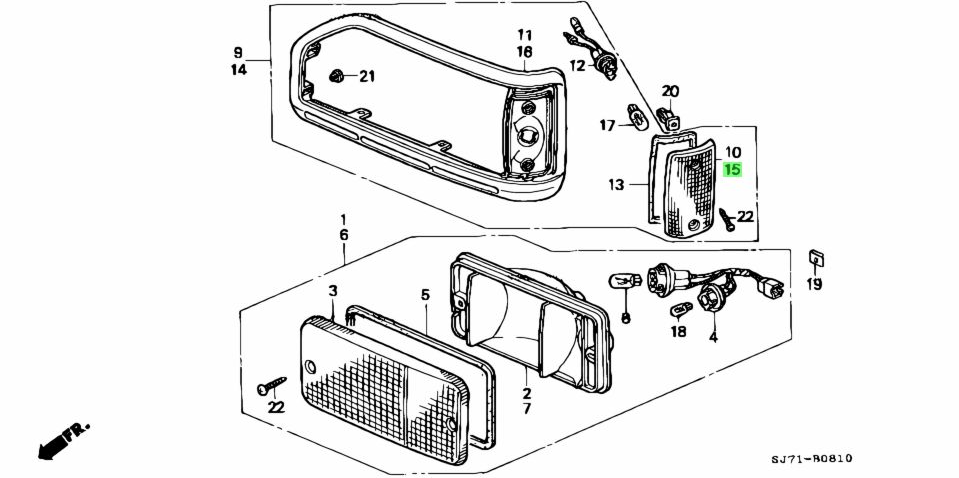 Parts diagram showing front left turn signal assembly for Honda Acty Truck HA3, HA4 models (1990-1999) - includes turn signal lens and related components