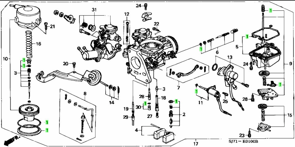 Detailed schematic of Honda Acty Truck HA3, HA4 carburetor assembly highlighting gasket repair set components for 1990-1999 models