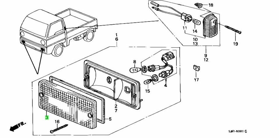 Detailed illustration of the front bumper light lens - left side - for Honda Acty Truck HA1, HA2, HA3, HA4 models (1988-1999), indicating part placement and assembly in a vehicle diagram.