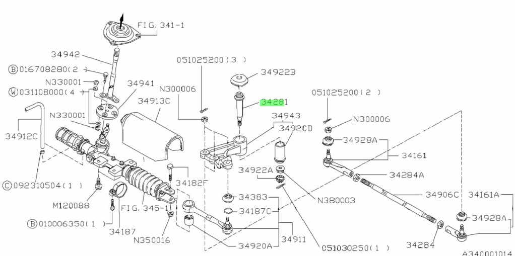 Exploded diagram of the steering assembly in Subaru Sambar Truck KS3, KS4 (1990-1999), indicating the position and function of the center steering link pin within the system.