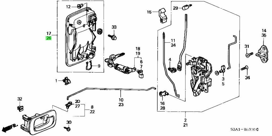 Exploded diagram of Honda Acty Truck HA3, HA4 door components featuring Left Exterior Door Handle (1990-1999)