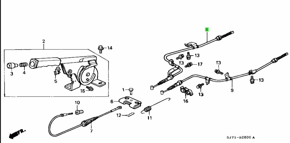 Exploded diagram of Honda Acty Truck HA3, HA4 parking brake system, focusing on the rear RH wheel cable integration with the braking assembly.