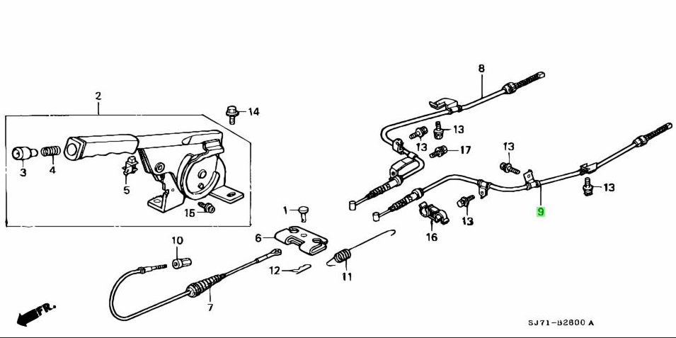 Detailed diagram of Honda Acty Truck HA3, HA4 parking brake assembly with highlighted rear LH wheel cable, illustrating precise placement and integration with braking system.