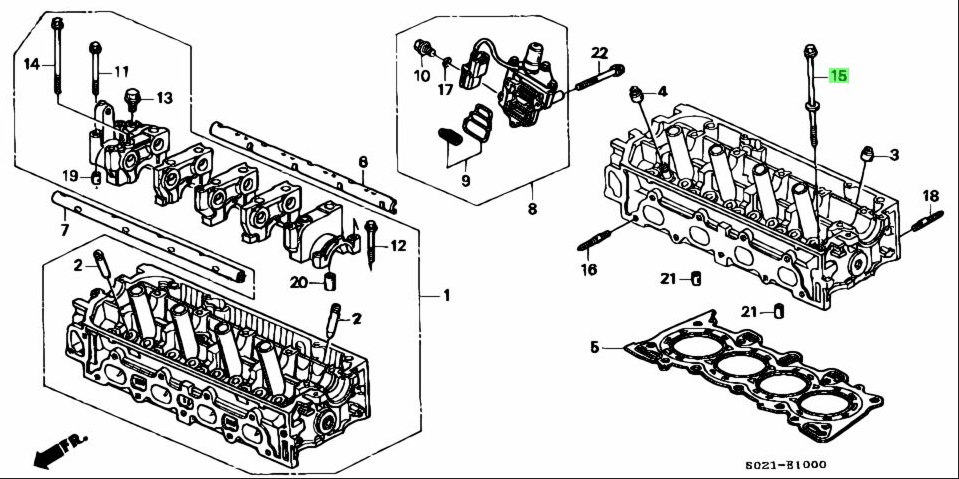 Exploded diagram of Honda Acty engine components highlighting the placement of cylinder head bolts, compatible with HA3, HA4 models from 1990-1999.