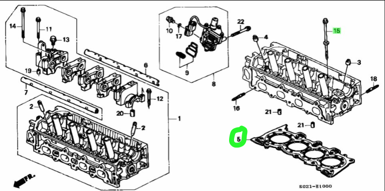 Honda Acty HA3 HA4 1990-1999 Head Gasket & Bolt Set - Engine Diagram Highlighting Cylinder Head Bolt Location.