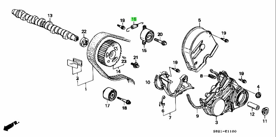 Exploded diagram featuring the Timing Belt Tensioner Spring (highlighted), essential for maintaining engine timing on Honda Acty HA3, HA4 models.