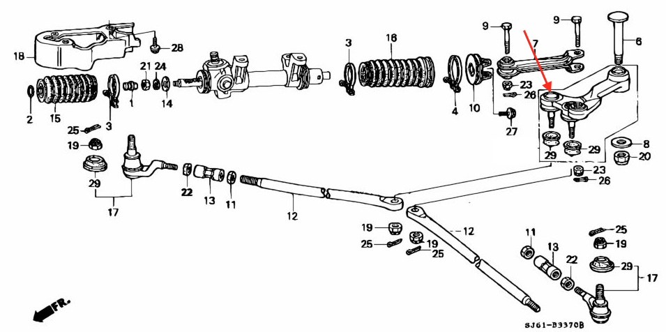 Exploded diagram highlighting the location of the Center Steering Link Bushing in the steering assembly for Honda Acty Truck HA3, HA4 models (1990-1999).