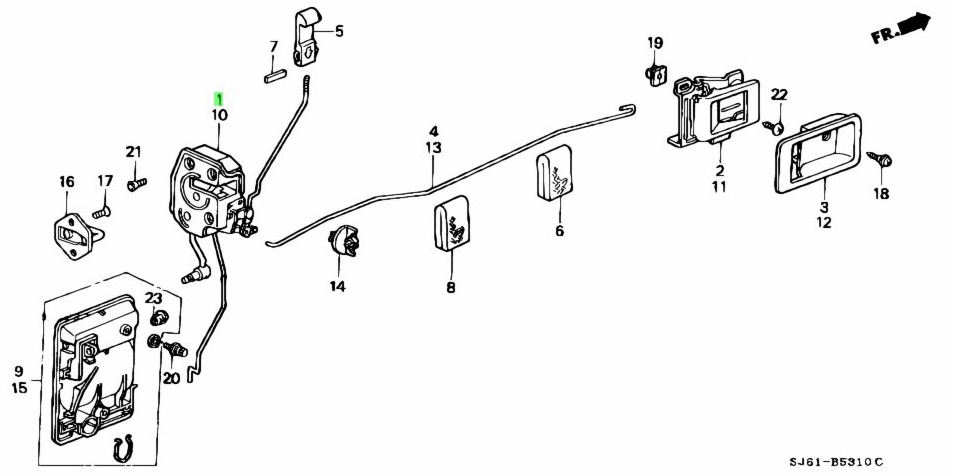 Exploded view diagram showing the placement of the driver side lock assembly on a Honda Acty Truck HA3, HA4 (1990-1999), part number 10.