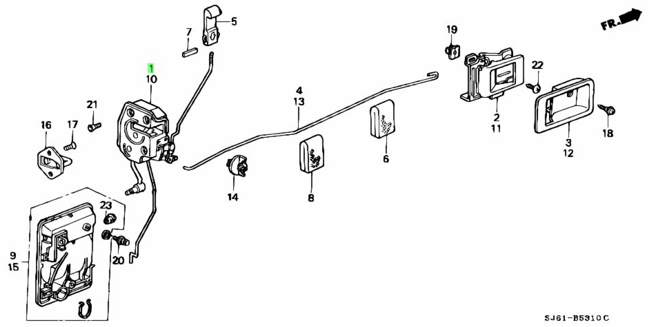 Exploded view diagram showing the placement of the driver side lock assembly on a Honda Acty Van HH3, HH4 (1990-1999), part number 10.
