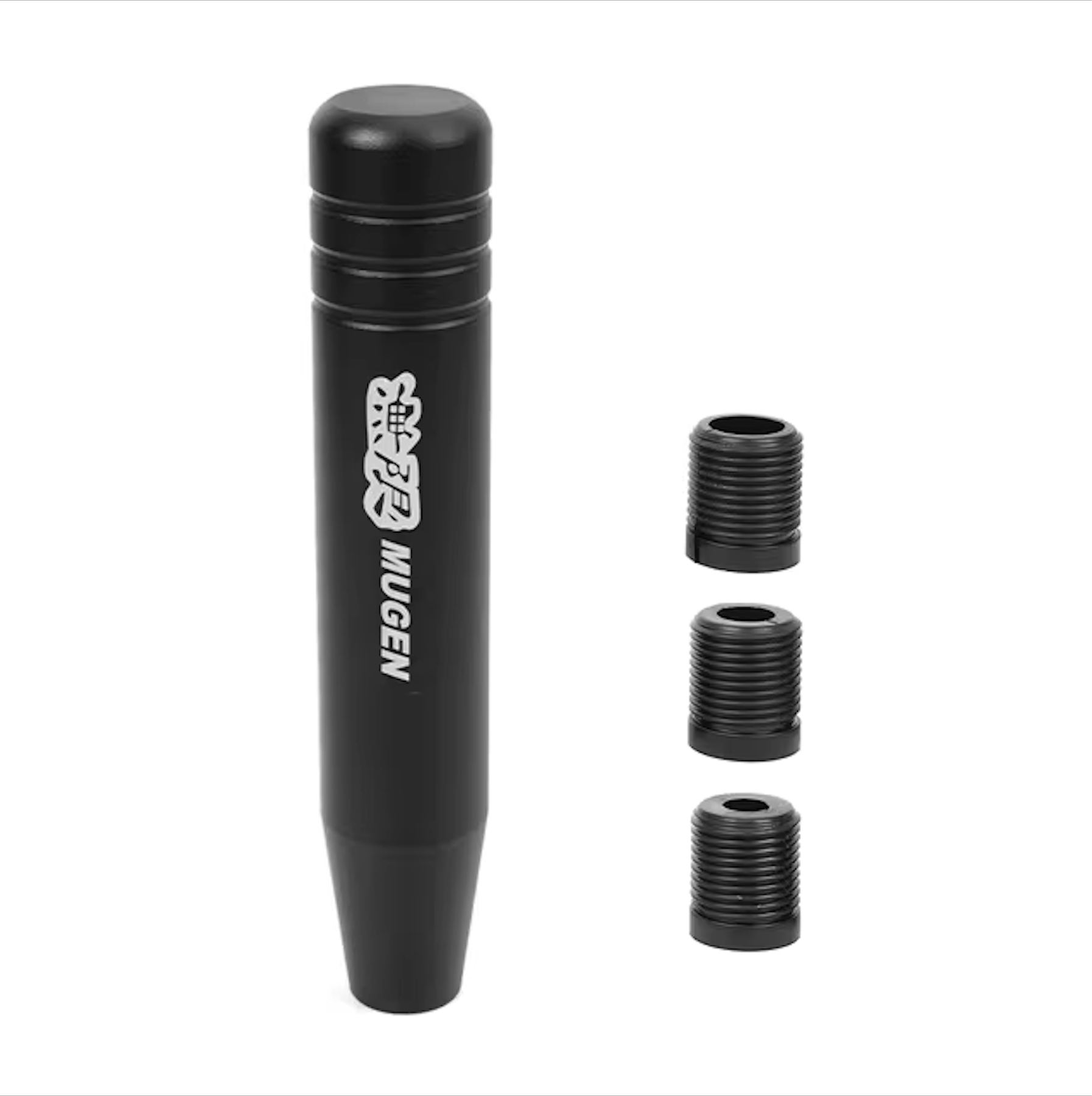 Black Mugen 18cm Shift Knob with three interchangeable threaded adapters for customized fit in Japanese mini trucks.