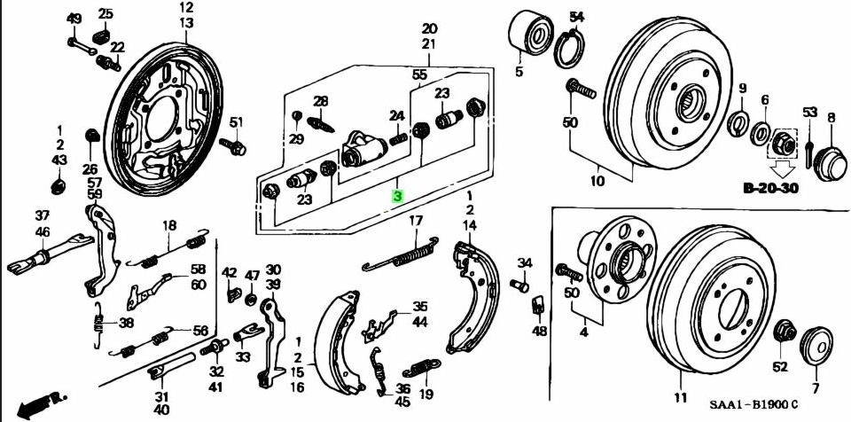 Exploded diagram of the rear brake assembly for Honda Acty Truck HA3, HA4 (1990-1999), illustrating the positioning of components included in the Wheel Cylinder Rebuild Kit.