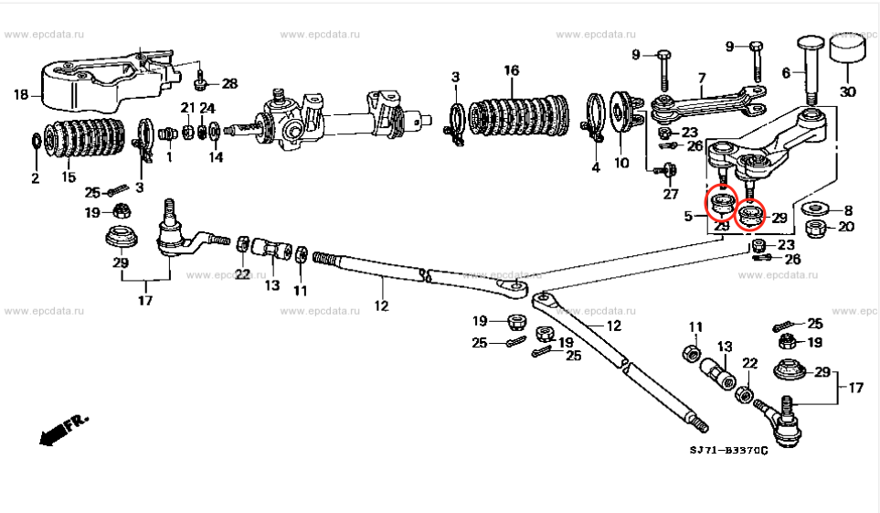 Exploded diagram of the steering assembly for Honda Acty Truck HA3, HA4 (1990-1999), illustrating the placement of the ball joint boots within the steering system.