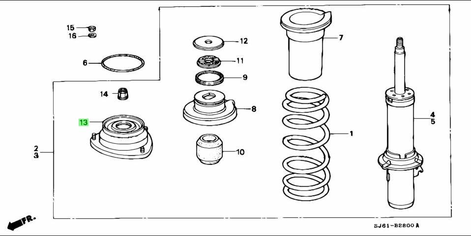 Exploded diagram of Honda Acty front shock absorber assembly for HA3, HA4 models (1990-1999)