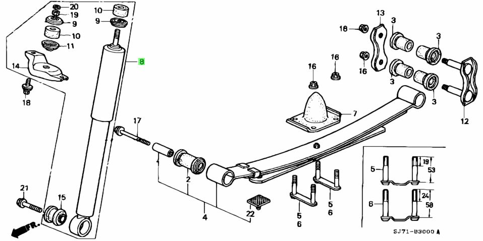 OEM Honda Acty Rear Shock Absorber assembly diagram for models HA3, HA4 (1990-1999) detailing parts and installation points.