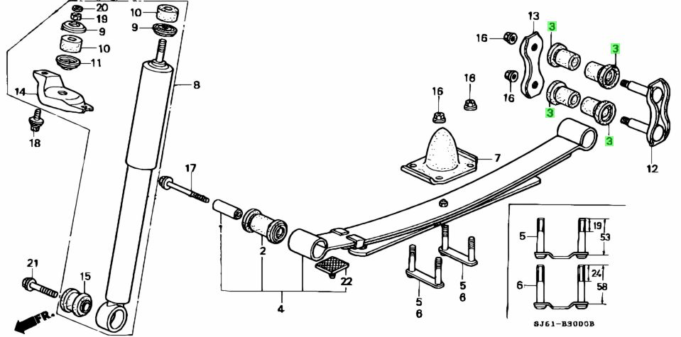 Exploded diagram of the rear spring shackle and bushing assembly for Honda Acty Truck HA3, HA4 models, showing correct part placement.