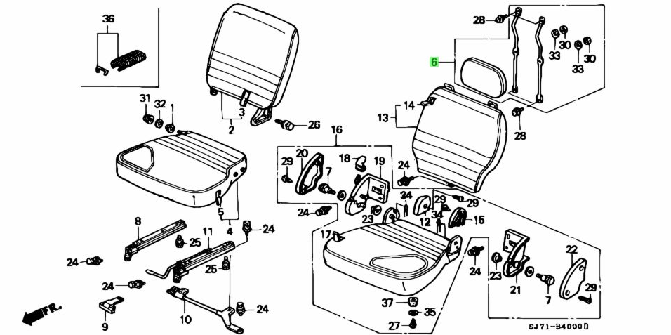 Exploded diagram view of headrest assembly for Honda Acty, detailing individual components and assembly points.