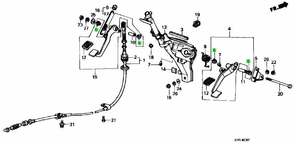 Illustrative diagram highlighting the installation points of brake and clutch pedal bushes on Honda Acty HA3, HA4 models, circled in blue for easy identification.