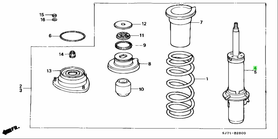 Exploded diagram view of Honda Acty front strut assembly, identifying components and assembly order for models HA3, HA4.