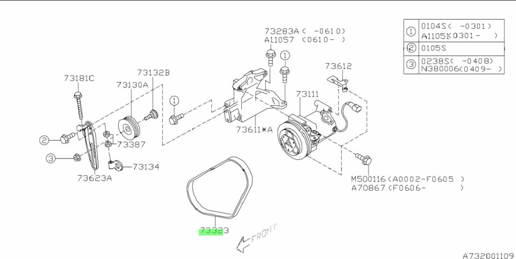 Diagram highlighting the placement of the alternator belt on Subaru Sambar KS3, KS4 models with carbureted engines and AC.