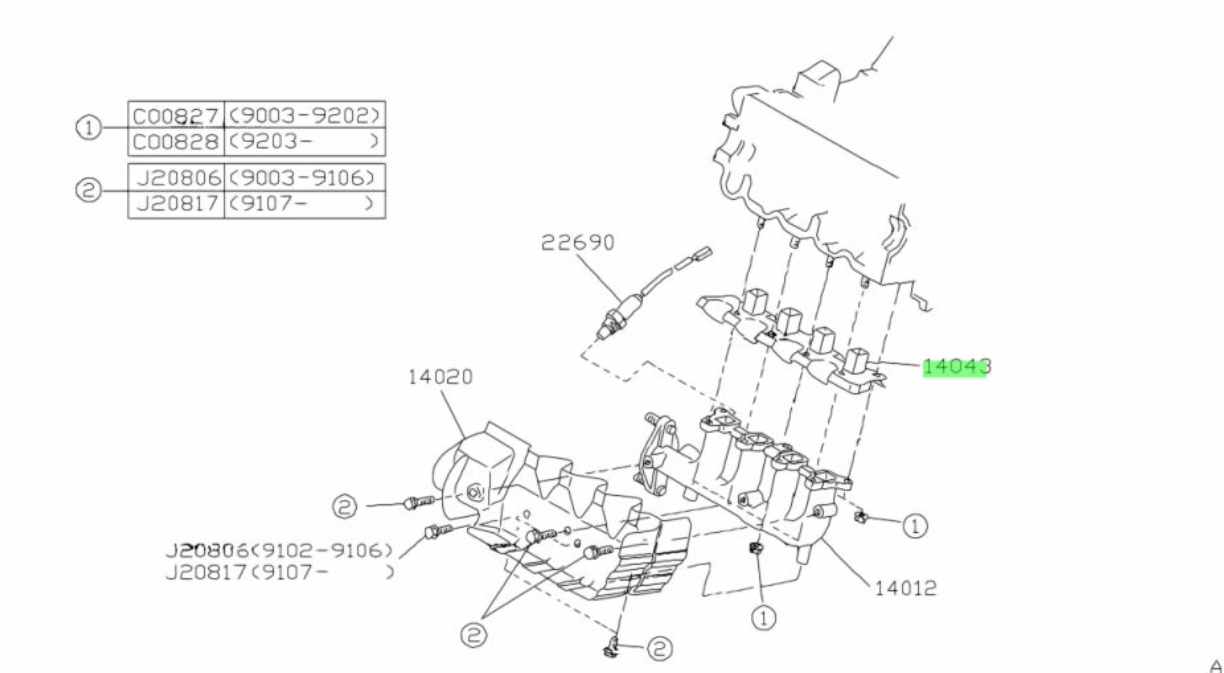 Diagram illustrating the placement of the exhaust manifold gasket and heat shield in Subaru Sambar models KS3, KS4, for the years 1990 to 1998, part for efficient engine operation.