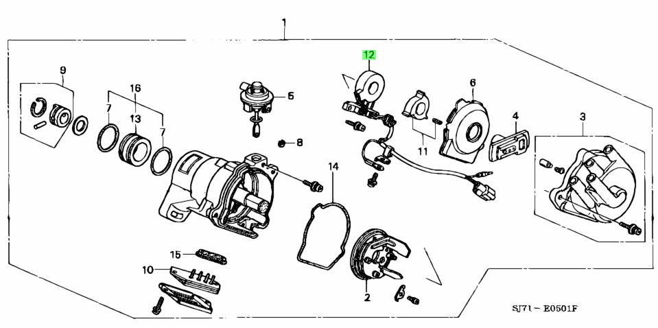 Diagram of Honda Acty Truck (1990-1999) distributor system highlighting harness assembly components.