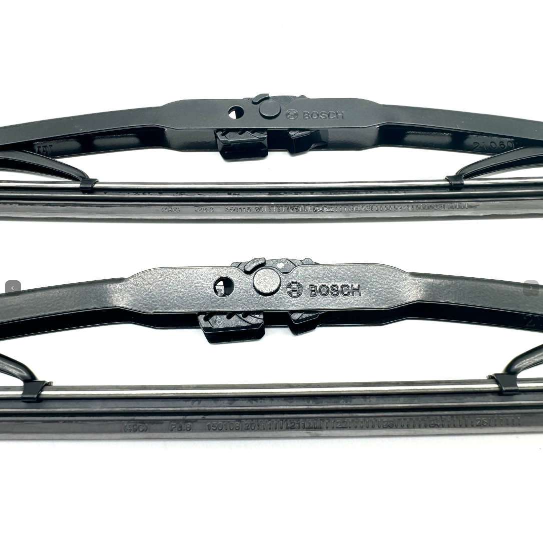 Close-up of Bosch Microedge Wiper Blades and Honda OEM Wiper Arms showing precision cut rubber for Honda Acty HA6, HA7 Models 1999-2009