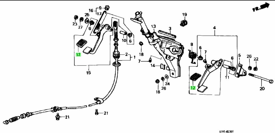 Brake and clutch pedal rubber pads indicated on diagram for Honda Acty Truck HA3, HA4 (1990-1999), designed for easy installation and improved traction.