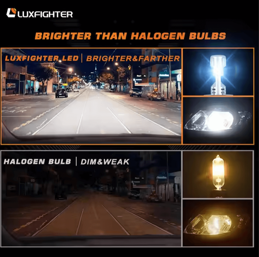 Comparative infographic showing the enhanced brightness and reach of LED headlight bulbs versus traditional halogen bulbs for Kei Trucks.