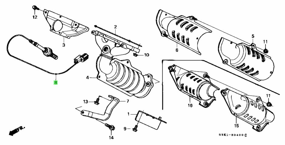 Oxygen O2 Sensor Technical Exploded Diagram for Honda Acty Van HH5, HH6 Models (1999-2009) featuring a metallic body with a blue wire and connector.