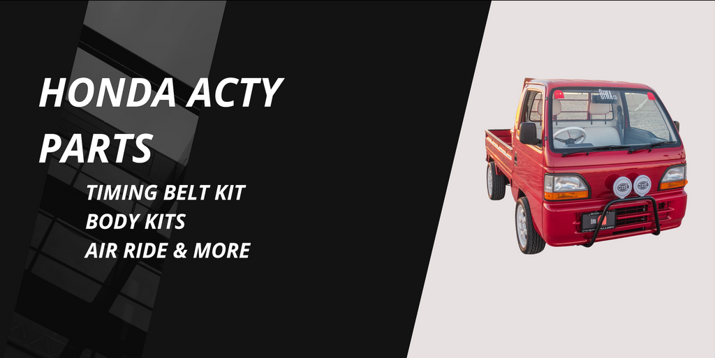 Red '90-'99 Honda Acty mini truck with performance upgrades and custom accessories on Oiwa Garage, featuring tune-up and timing belt kits—ideal for enhancing Japanese mini truck utility and style.