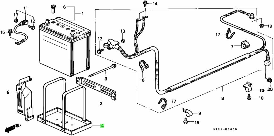 Technical diagram of a battery tray for Honda Acty Truck HA6, HA7 models (1999-2009), showcasing components and assembly details.